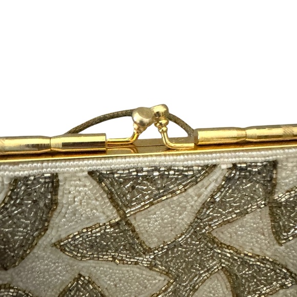 Vintage Art Deco Beaded Handbag 50s 60s Era Handmade Silver Gold Pearl Hong Kong - Picture 7 of 12